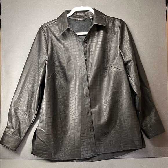 dennis basso Jackets & Blazers - dennis basso Black Faux Croc Leather Button-Up Jacket